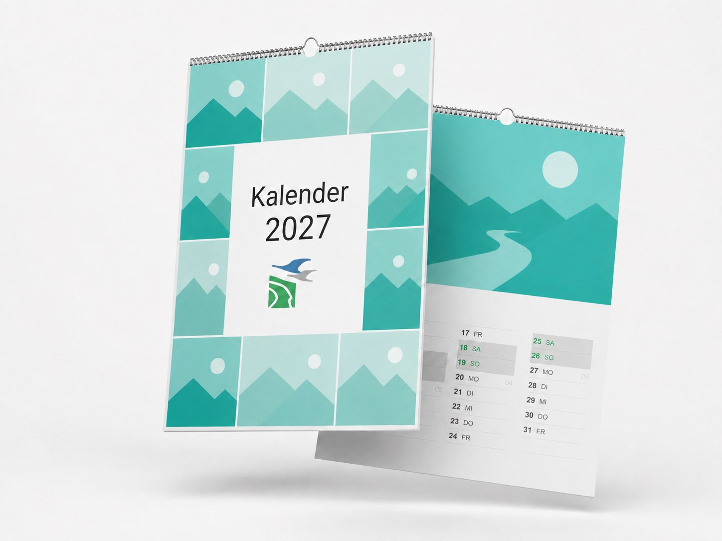 Titelblatt und ein Monatsblatt des Vereinskalenders 2027 nebeneinander, Bildbereich noch als Platzhalter